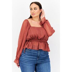 WAYF XS Cinnamon Brown Long Sleeve Textured Square Neck Sheer Top Open Back